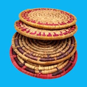 4 Handcrafted Vintage African Coil Basket Woven Wicker Rattan Trivets Wall Decor
